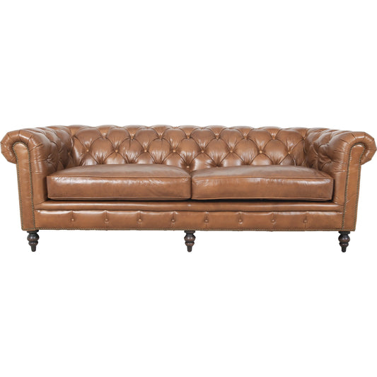 Arthur Sofa by Zentique in dark brown rubberwood, rust orange leather. Made from top grain leather in a unique style.