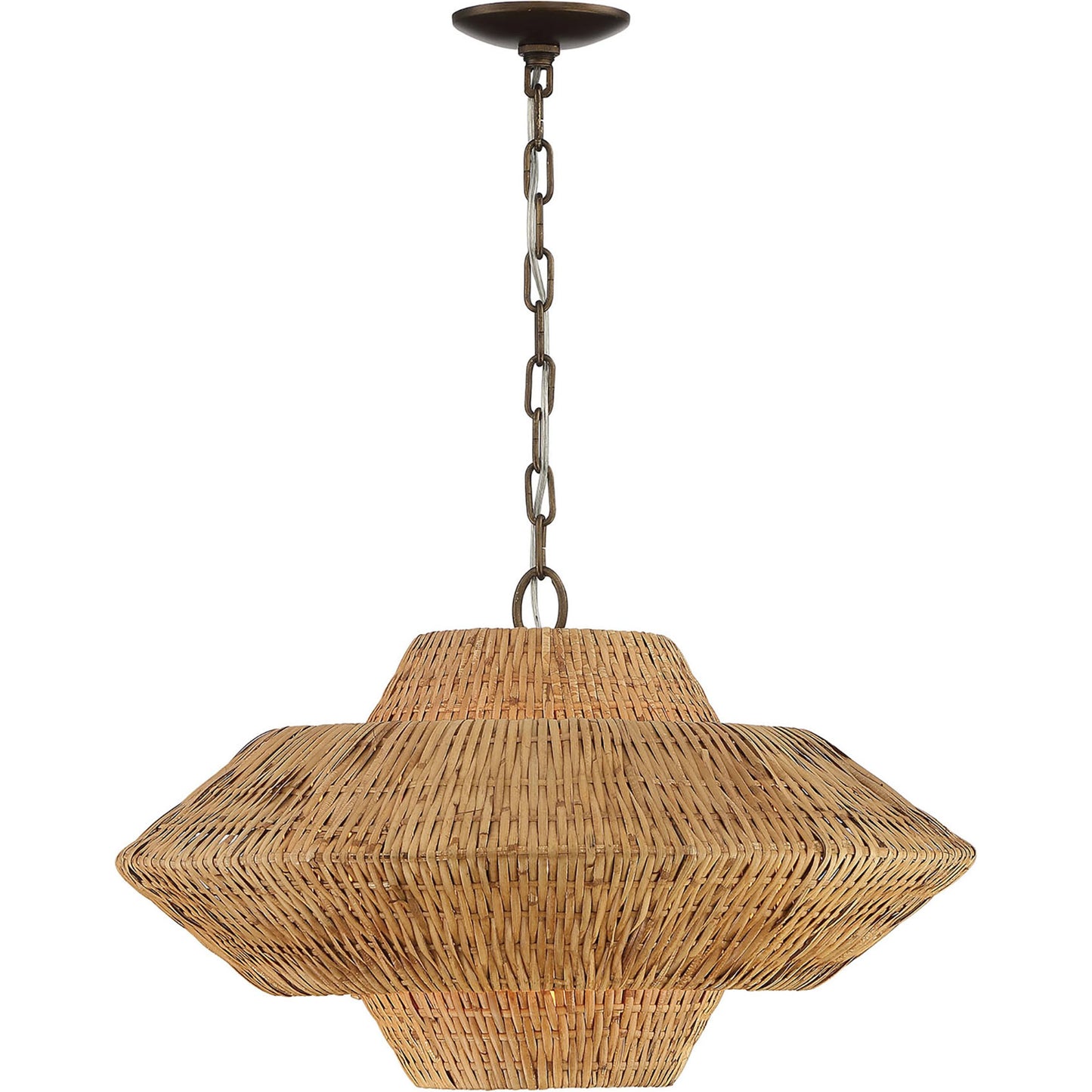 001 SI-1965992 | Primary Silo | Luca Single-Light Rattan 3-Tier Chandelier by Lumanity in hand painted bronze. Made from iron, natural rattan in a coastal style.