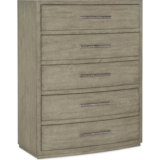 Linville Falls Pisgah Five Drawer Chest by Hooker Furniture in mink, antique pewter. Made from oak veneers in a modern style.