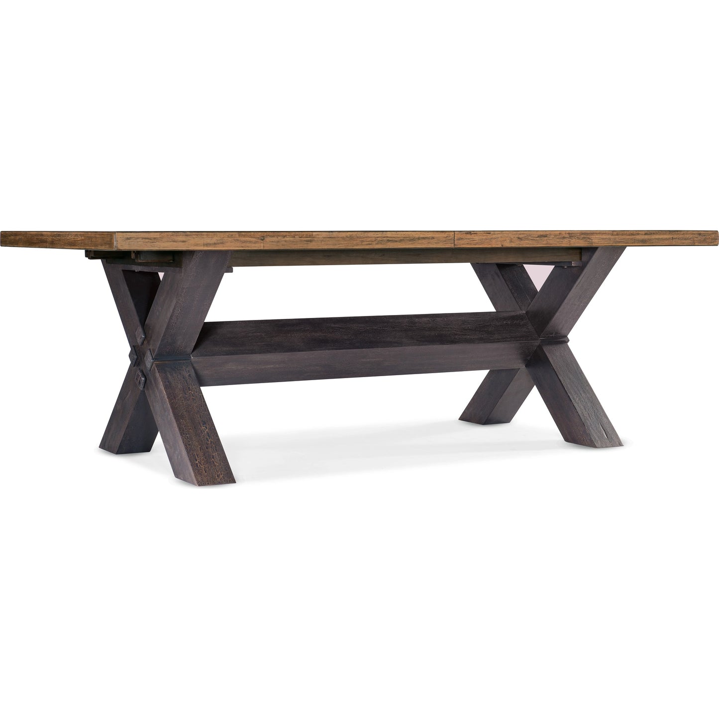 000 SI-1959537 | Primary Silo | Big Sky Trestle Dining Table by Hooker Furniture in vintage natural, charred timber. Made from pecky hickory veneers, solid-wood edged top in a modern style.