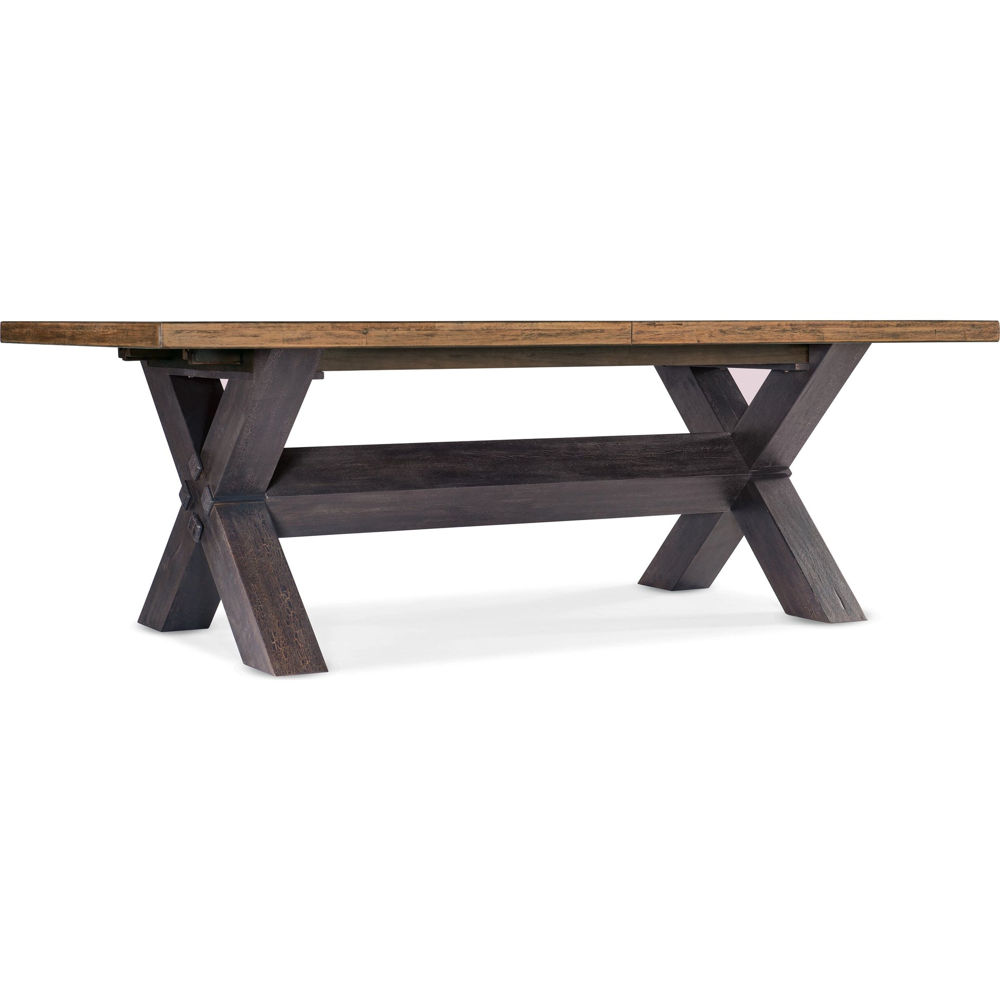 Big Sky Trestle Dining Table by Hooker Furniture in vintage natural, charred timber. Made from pecky hickory veneers, solid-wood edged top in a modern style.