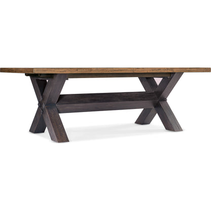 Big Sky Trestle Dining Table by Hooker Furniture in vintage natural, charred timber. Made from pecky hickory veneers, solid-wood edged top in a modern style.