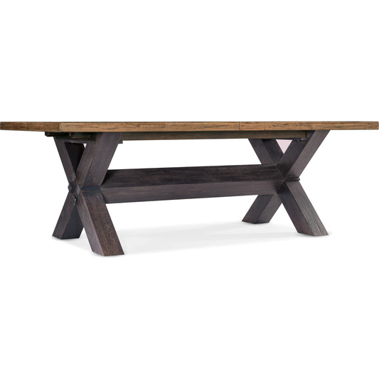Big Sky Trestle Dining Table by Hooker Furniture in vintage natural, charred timber. Made from pecky hickory veneers, solid-wood edged top in a modern style.