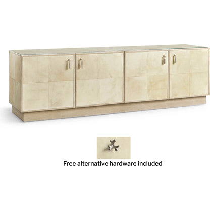 Hydra Entertainment Console by Jonathan Charles in parchment oak. Made from oak, oak veneer, brass, vellum in a transitional style.