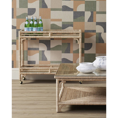 Olisa Bar Cart by Currey and Company in natural, clear. Made from abaca rope, wrought iron, glass in a coastal style.