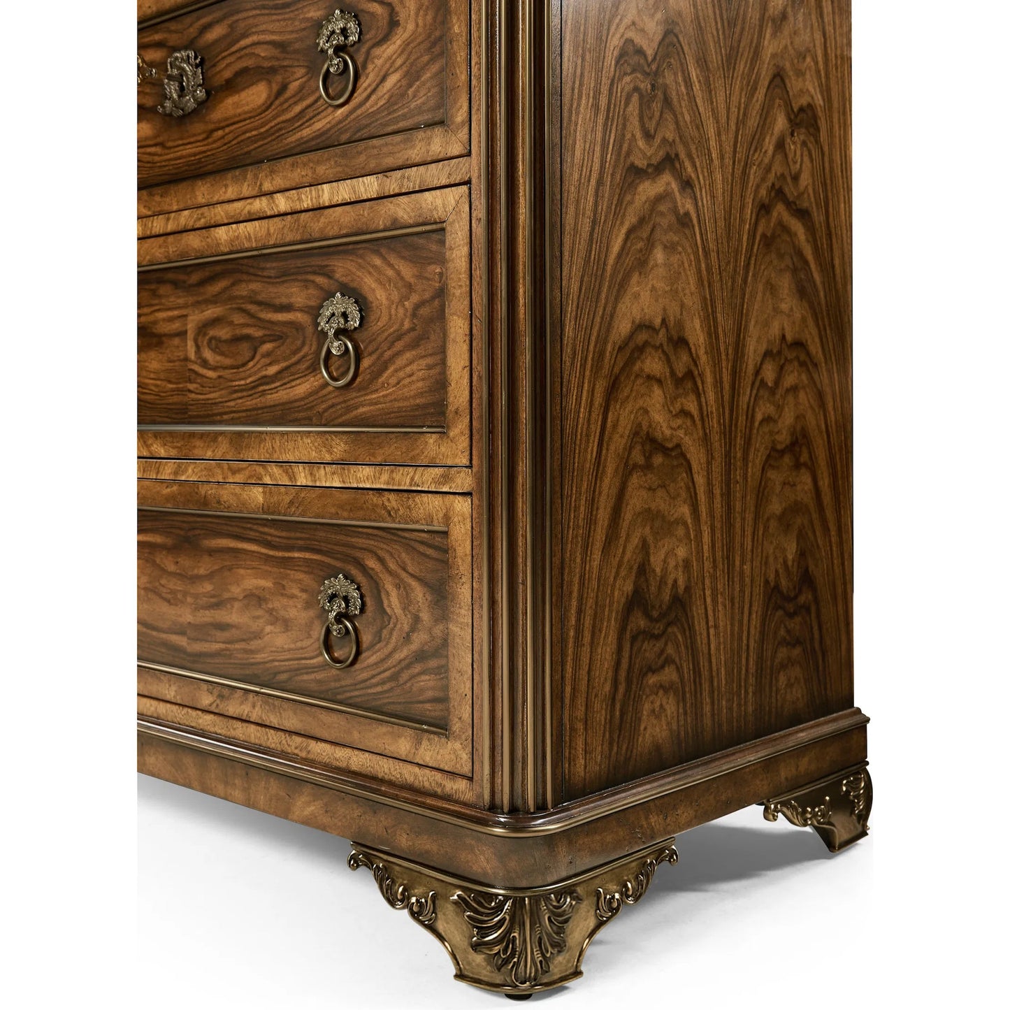 010 SI-2334508 | Closeup | Viceroy Dresser by Jonathan Charles in brown and santos brown, antique brass. Made from mahogany, cerejeira veneers, santos rosewood crown veneers, brass in a traditional style.