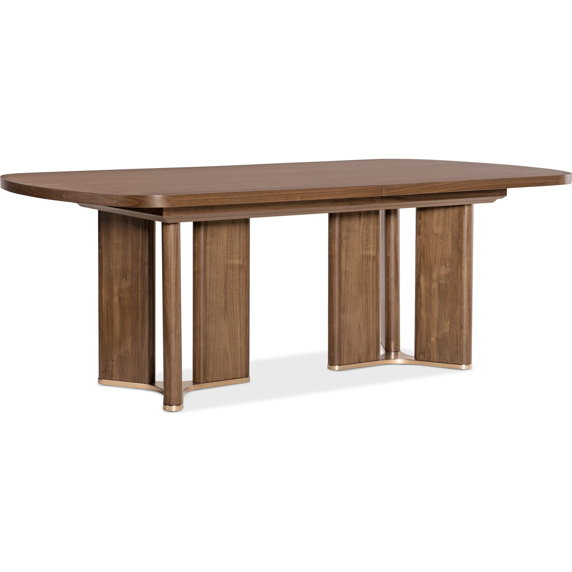 Eleana Rectangle Dining Table with Two 20-inch Leaves by Hooker Furniture in light caramel, sunlit bronze metal. Made from walnut veneers, metal in a modern style.