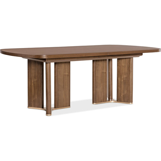 Eleana Rectangle Dining Table with Two 20-inch Leaves by Hooker Furniture in light caramel, sunlit bronze metal. Made from walnut veneers, metal in a modern style.