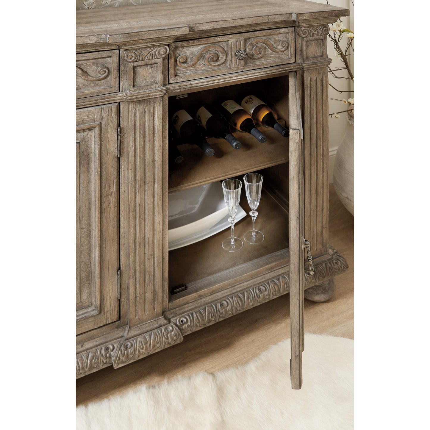 005 SI-1748572 | Closeup | Castella Credenza by Hooker Furniture in antique slate. Made from quartered walnut, quartered black walnut, quartered ash, maple veneers in a traditional style.