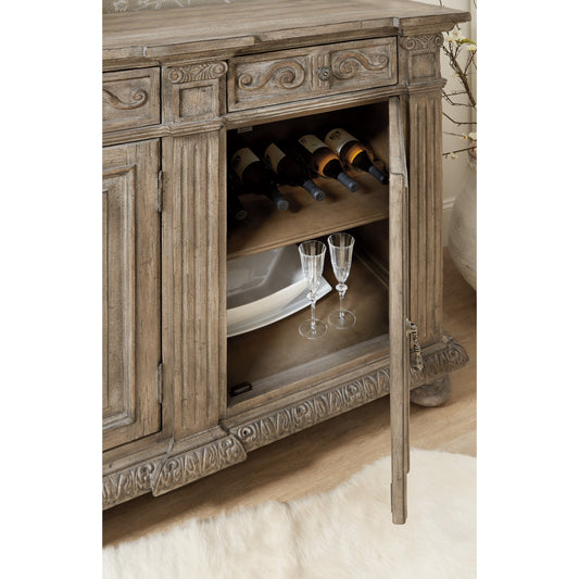 Castella Credenza by Hooker Furniture in antique slate. Made from quartered walnut, quartered black walnut, quartered ash, maple veneers in a traditional style.