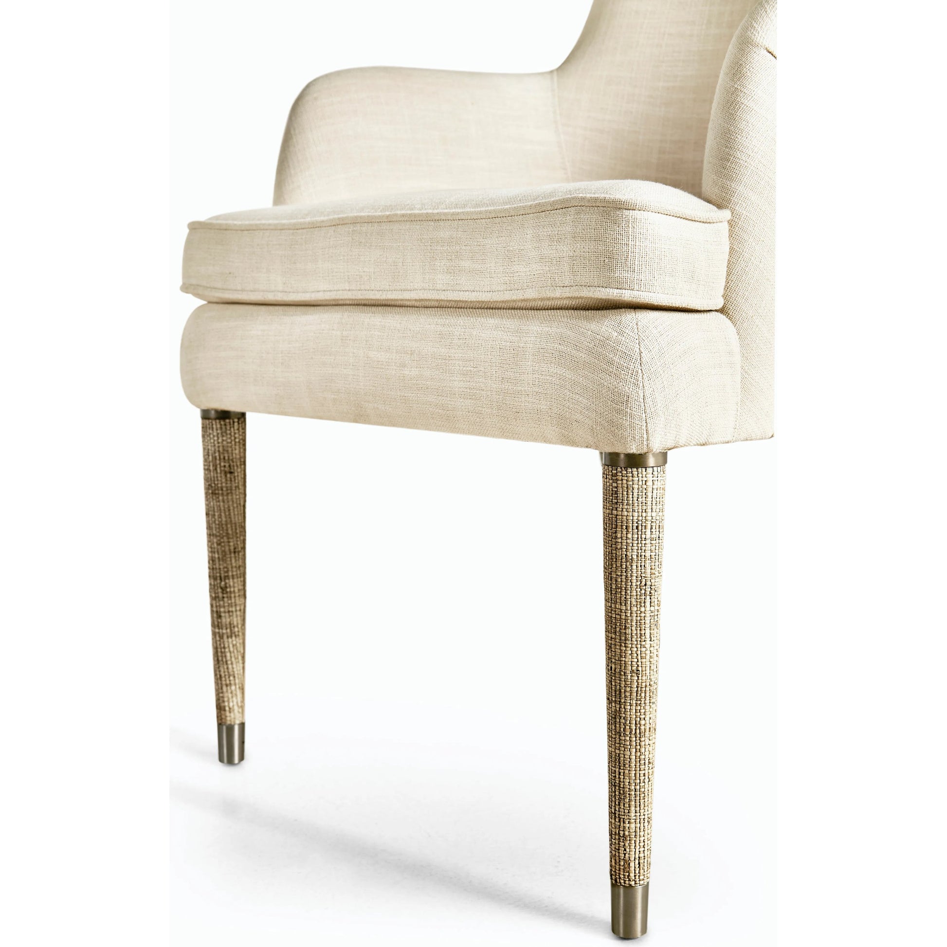 Water Shoal Linen & Grasscloth Host Chair by Jonathan Charles in grasscloth, performance linen. Made from hardwood solids, foam, fabric, grass cloth, brass in a transitional style.