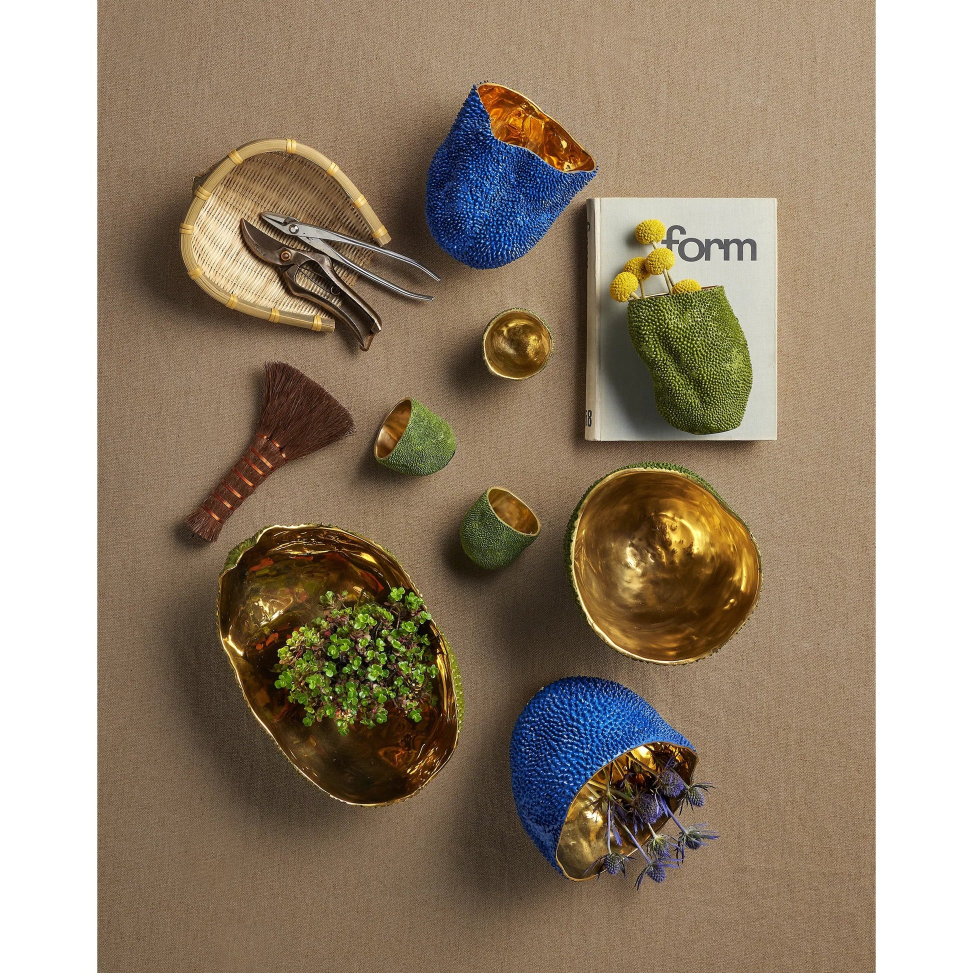 Jackfruit Vase Set by Currey and Company in green, gold. Made from bronze in a modern style.