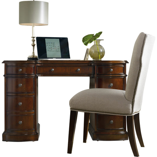 Cherry Knee Hole Desk by Hooker Furniture in cherry. Made from cherry veneers with high quality bonded leather in a unique style.