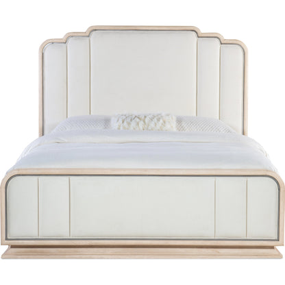 Nouveau Chic Upholstered Bed by Hooker Furniture in polished pearl and sandstone. Made from oak veneers, fabric in a modern style.