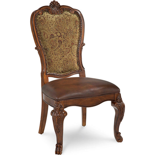 001 None | Unknown | Old World Upholstered Back Side Chair (Set of 2) by A.R.T. Furniture in brown and medium cherry. Made from parawood solids, cherry and avodire veneers, foam fabric, leather in a traditional style.
