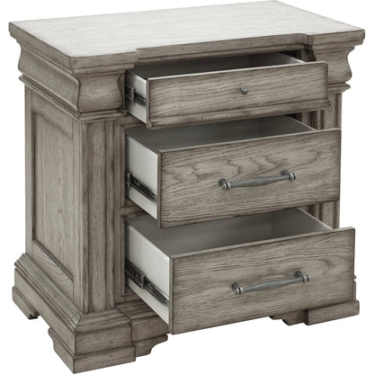 Madison Ridge Nightstand by Pulaski Furniture in bluff grey. Made from asian hardwood, oak veneers in a traditional style.