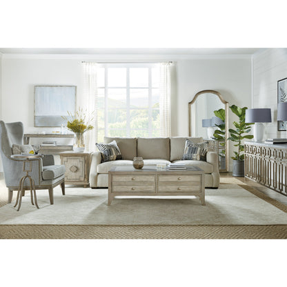 Lapilli Console Table by Hooker Furniture in distressed metallic silver. Made from metal, stone veneer in a transitional style.