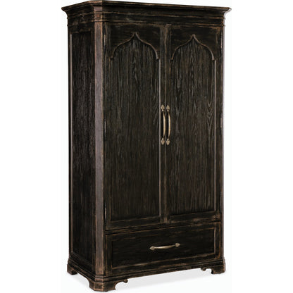 Americana Wardrobe by Hooker Furniture in black and molasses finish. Made from oak veneers in a cottage & farmhouse style.