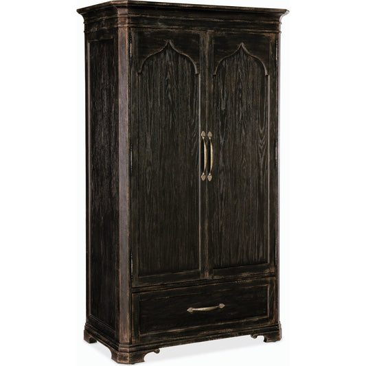 Americana Wardrobe by Hooker Furniture in black and molasses finish. Made from oak veneers in a cottage & farmhouse style.