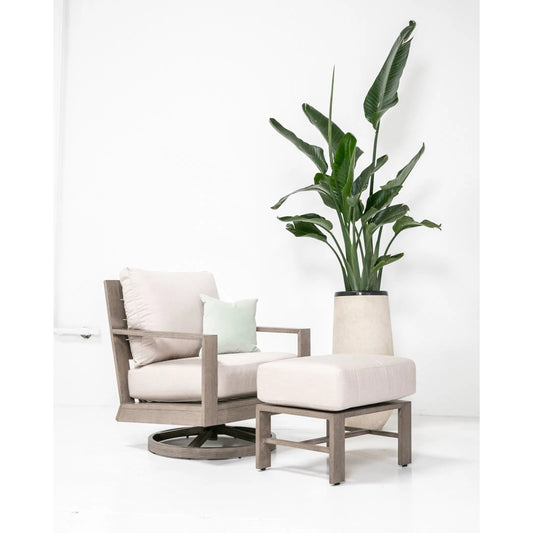 Laguna Outdoor Swivel Chair by Sunset West in driftwood. Made from aluminum in a modern style.