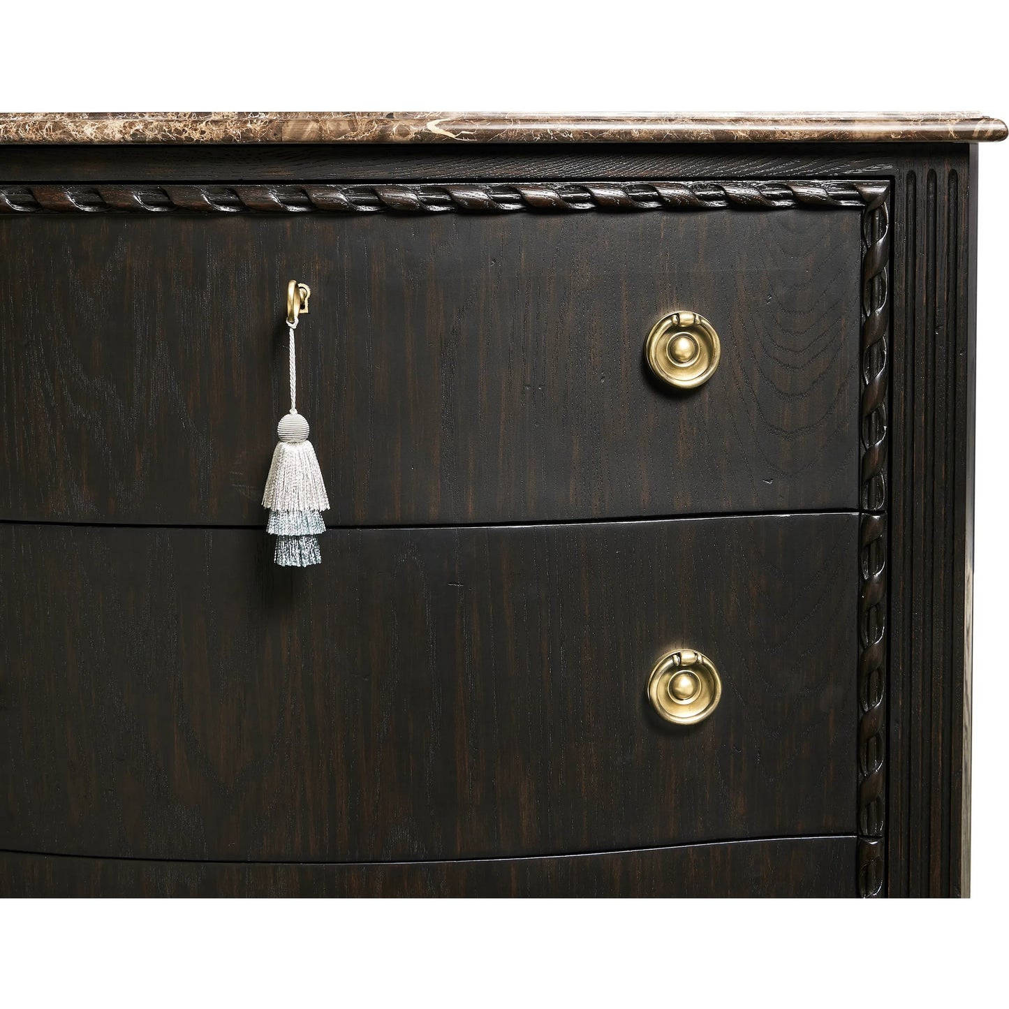 007 SI-2334501 | Closeup | Tangiers Drawer Chest by Jonathan Charles in brown, black and ebonized oak. Made from oak solids, flat-cut oak veneers, stone, brass in a traditional style.