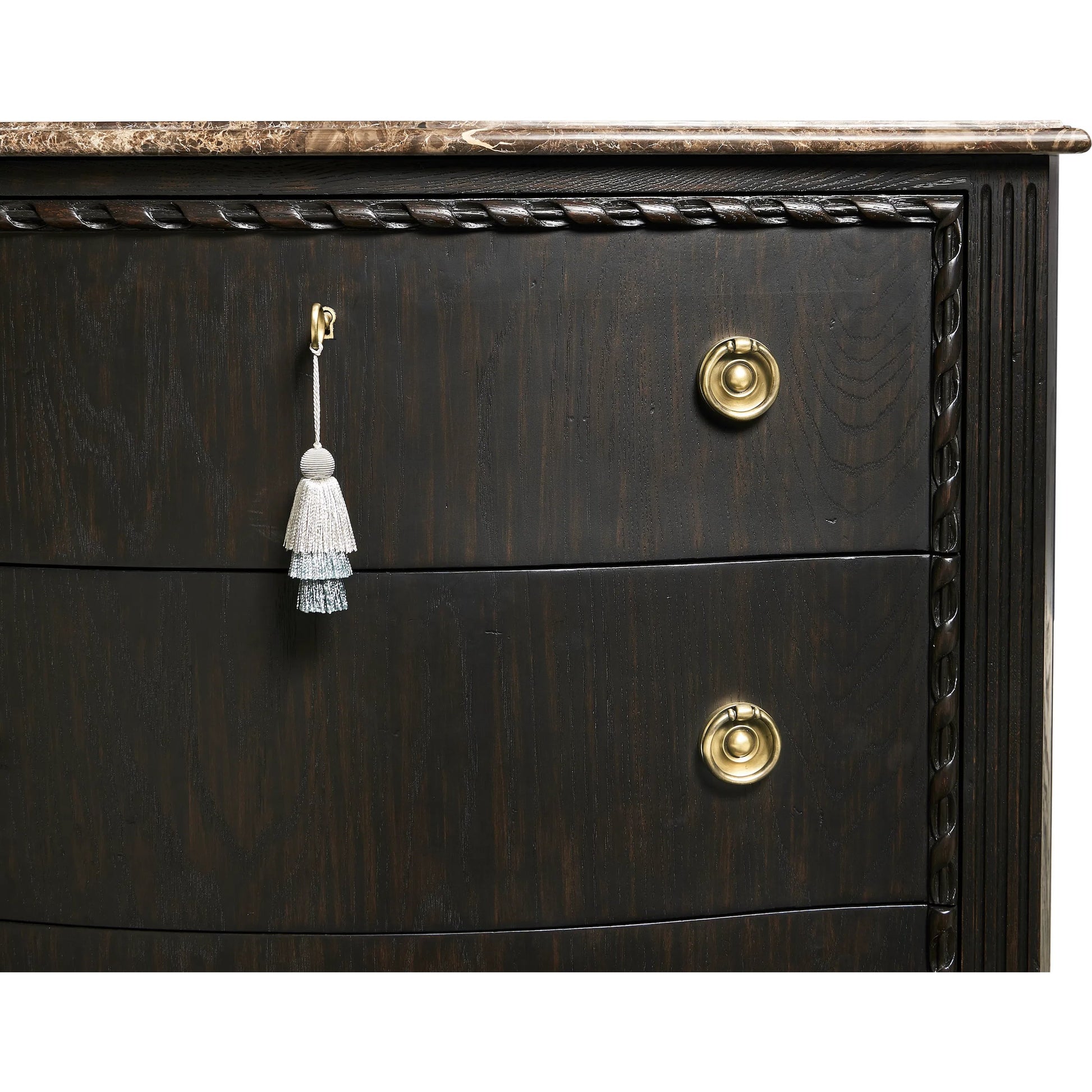 Tangiers Drawer Chest by Jonathan Charles in brown, black and ebonized oak. Made from oak solids, flat-cut oak veneers, stone, brass in a traditional style.