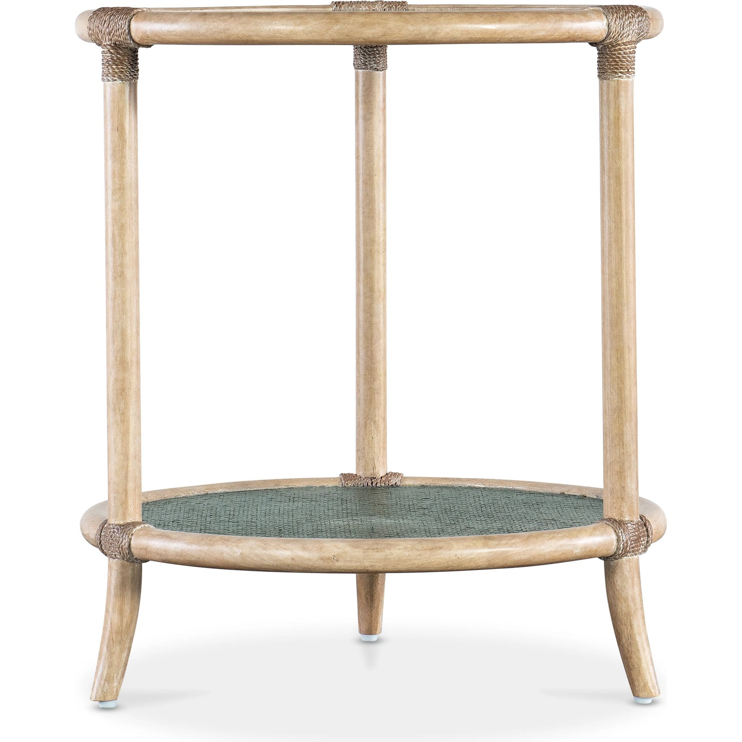 002 SI-2133725 | Primary Silo | Retreat Raffia End Table by Hooker Furniture. Made from maple veneers, engineered raffia, rope, tempered glass in a cottage & farmhouse style.