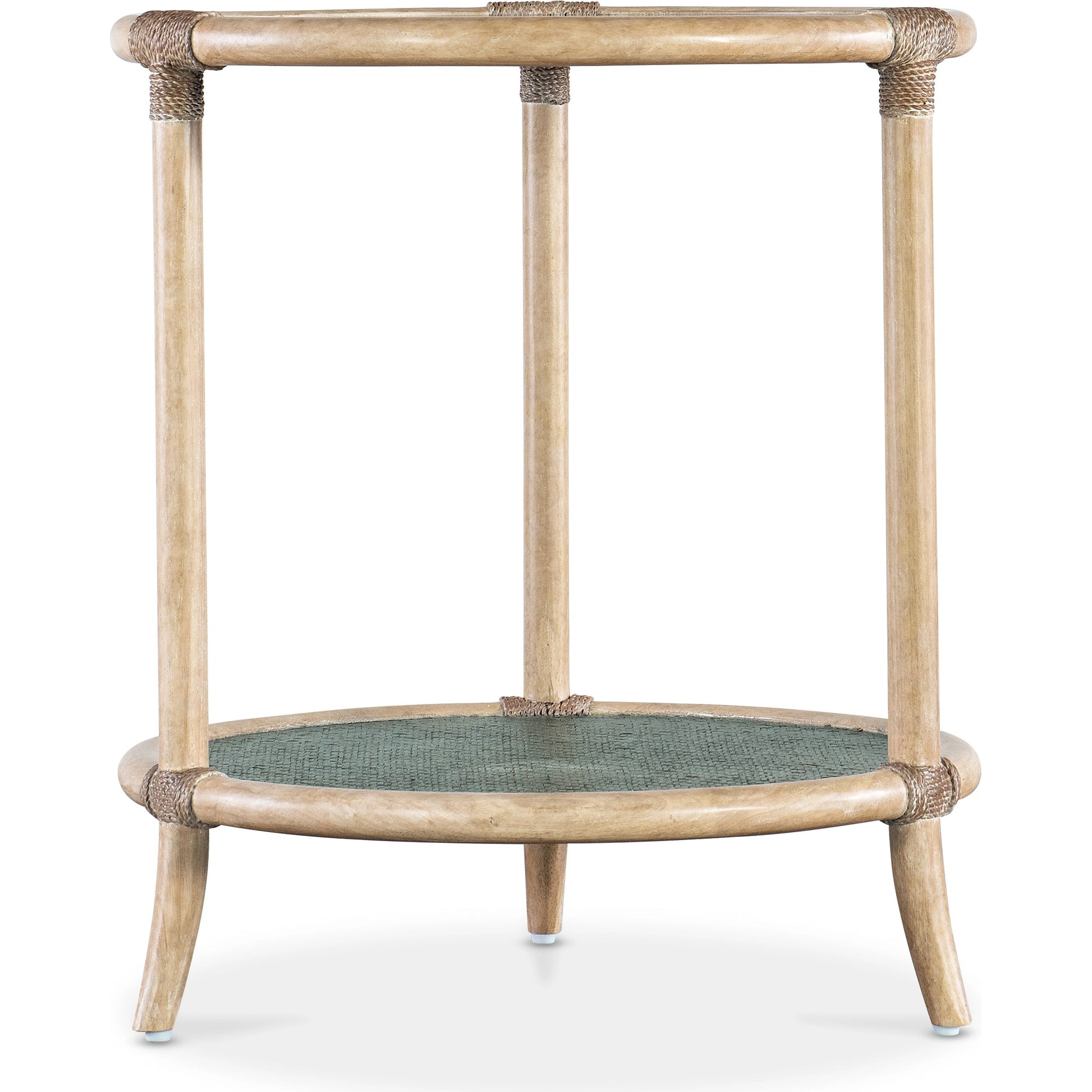 Retreat Raffia End Table by Hooker Furniture. Made from maple veneers, engineered raffia, rope, tempered glass in a cottage & farmhouse style.