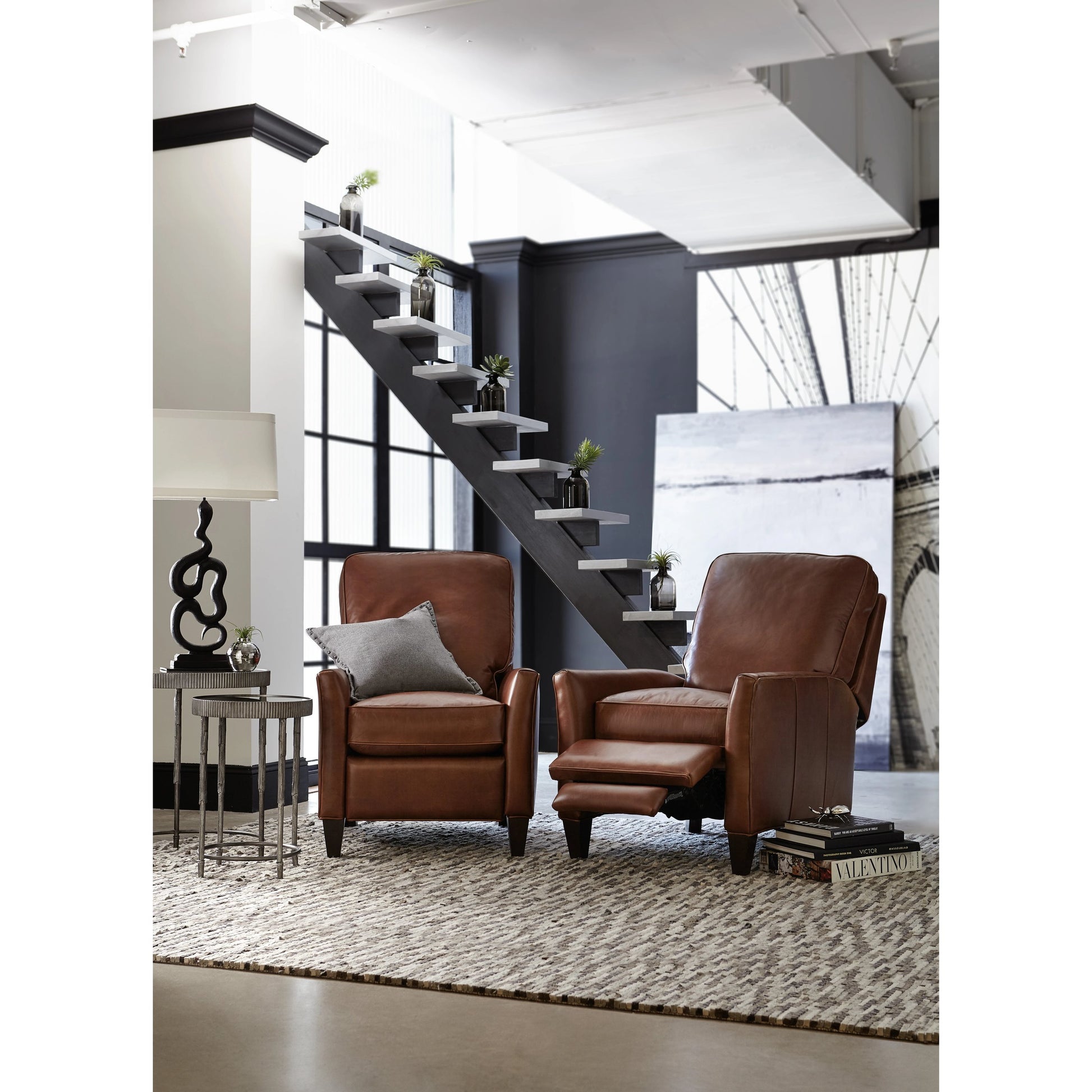 Shasta Recliner by Hooker Furniture in brown and natchez brown. Made from leather in a traditional style.