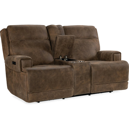 Wheeler Power Console Loveseat by Hooker Furniture in seville timber. Made from leather, seville timber (aniline). seville timber features natural hallmarks of the trail such as fat wrinkles healed scars, scratches, mite marks. wax-bas