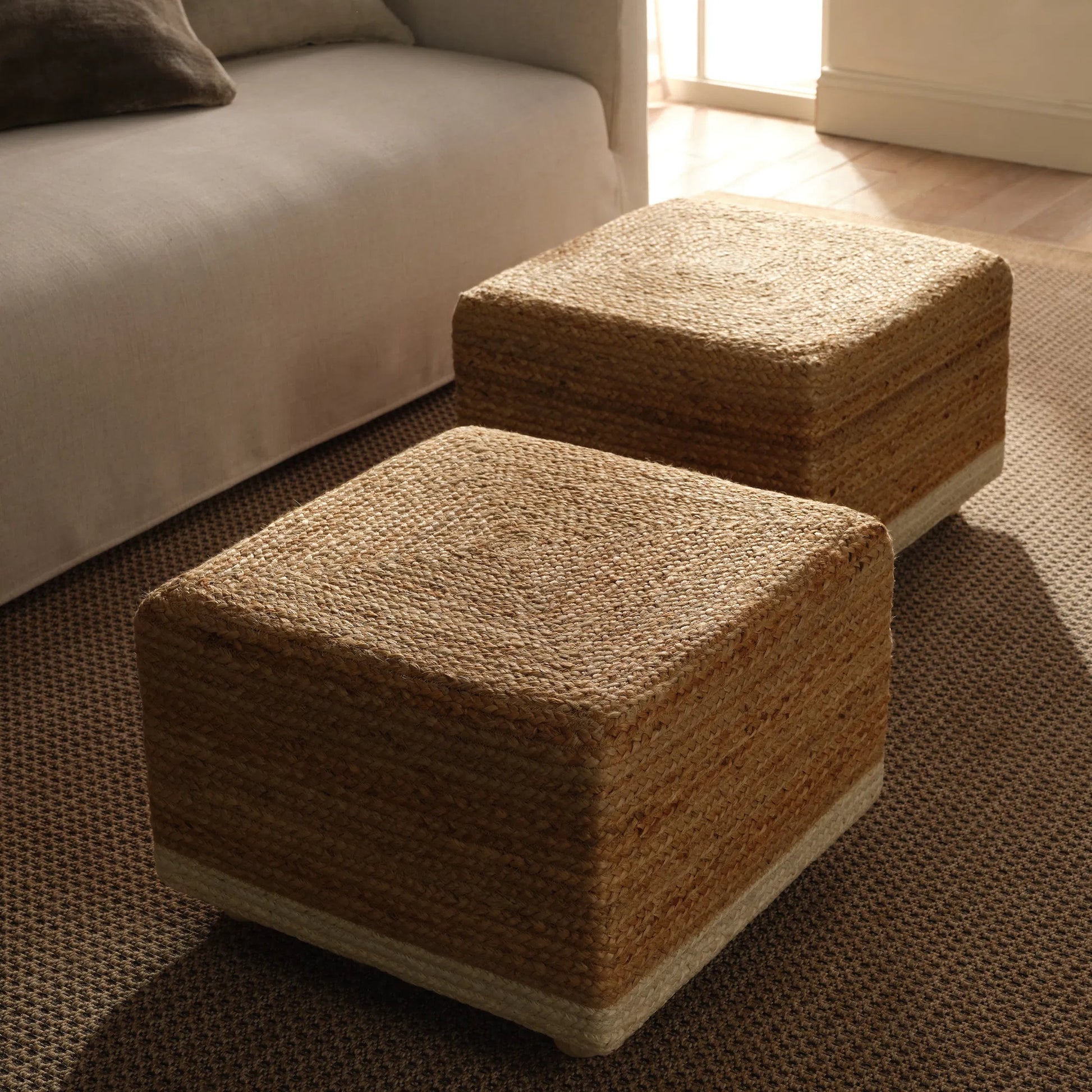 Saba SAA24 Pouf by Jaipur Living in tan, beige. Made from 100% jute fiber in a rustic style.