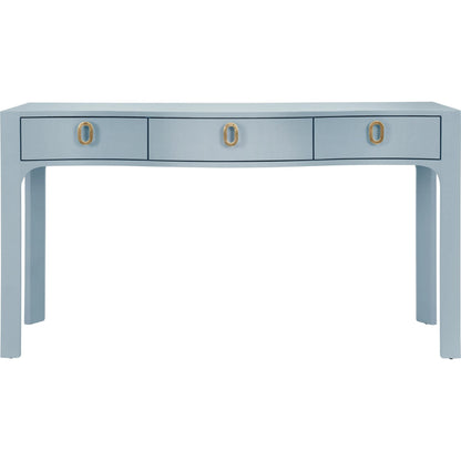 Sabrina Curved Front Console by Worlds Away in blue. Made from solid wood, mdf, linen in a eclectic & global style.