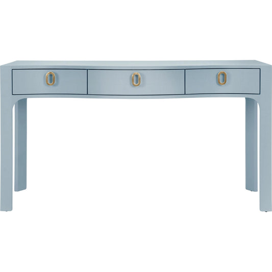 Sabrina Curved Front Console by Worlds Away in blue. Made from solid wood, mdf, linen in a eclectic & global style.