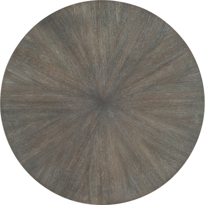 Round End Table by Hooker Furniture in medium natural acacia. Made from acacia veneers with metal tubing, metal sheet in a modern style.