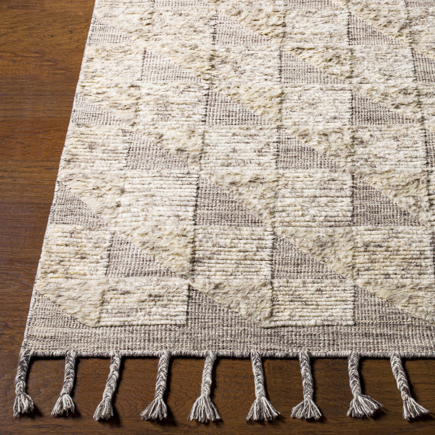 005 SR-882788,SR-882789,SR-882791 | Closeup | Sahara SAH-2300 Rug by Surya in dark brown, ivory, medium gray, charcoal. Made from 100% wool in a unique style.