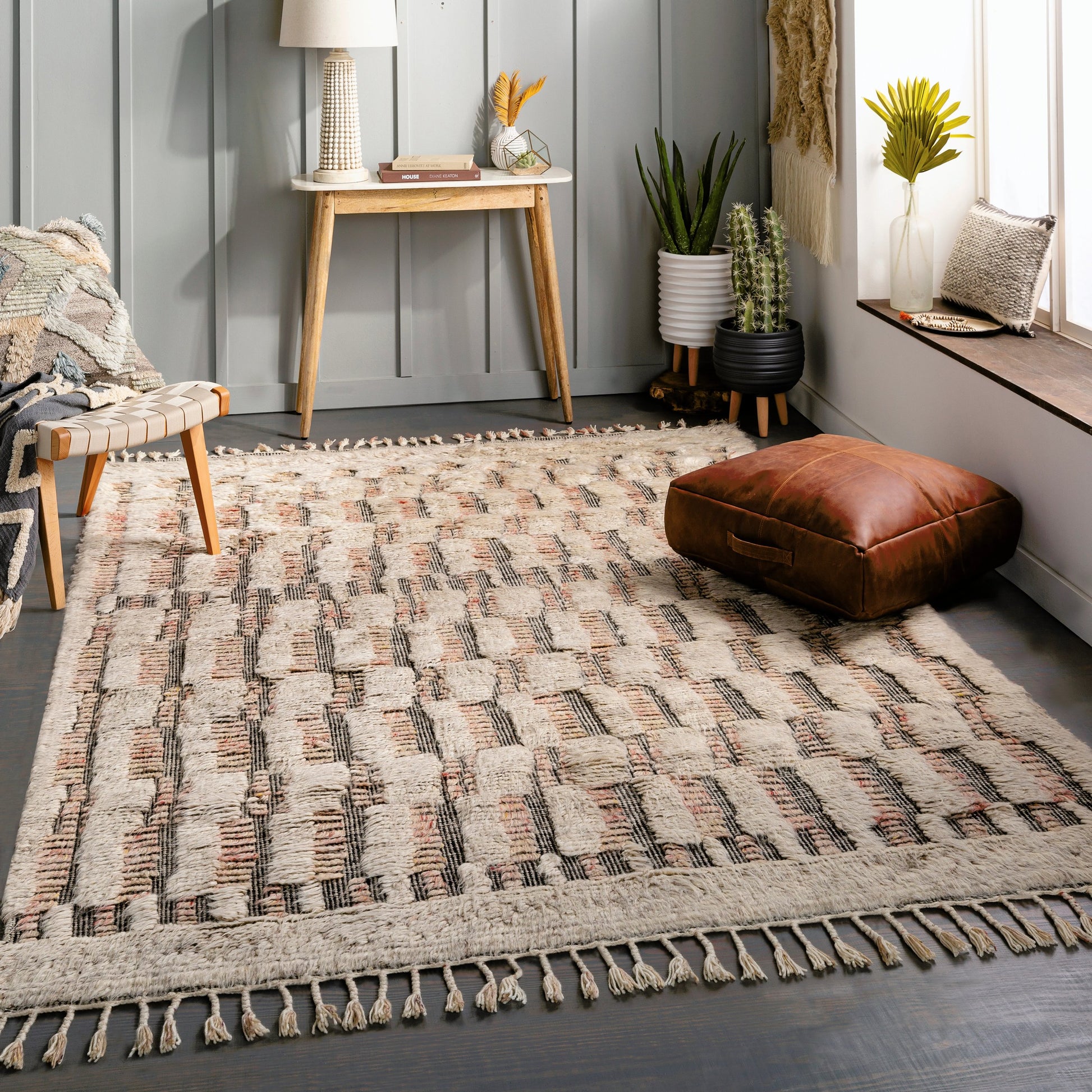 Sahara SAH-2308 Rug by Surya in gray, cream, charcoal, dark brown, navy, blue. Made from 100% wool in a unique style.