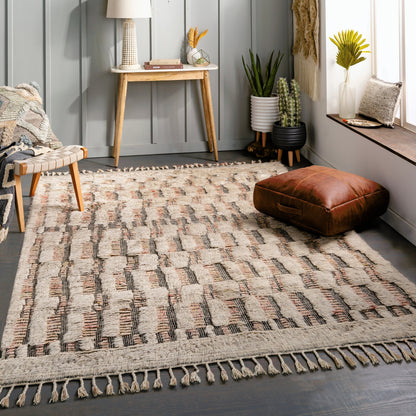 Sahara SAH-2308 Rug by Surya in gray, cream, charcoal, dark brown, navy, blue. Made from 100% wool in a unique style.