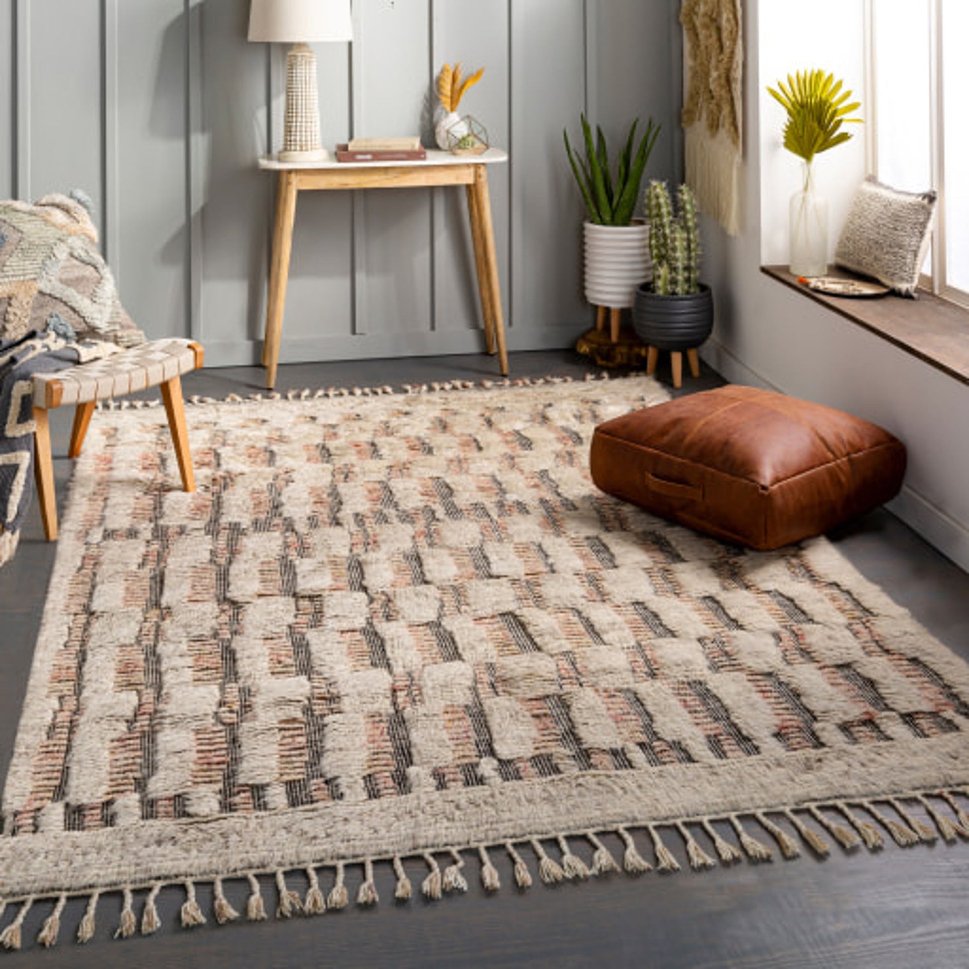 Sahara SAH-2308 Rug by Surya in gray, cream, charcoal, dark brown, navy, blue. Made from 100% wool in a unique style.