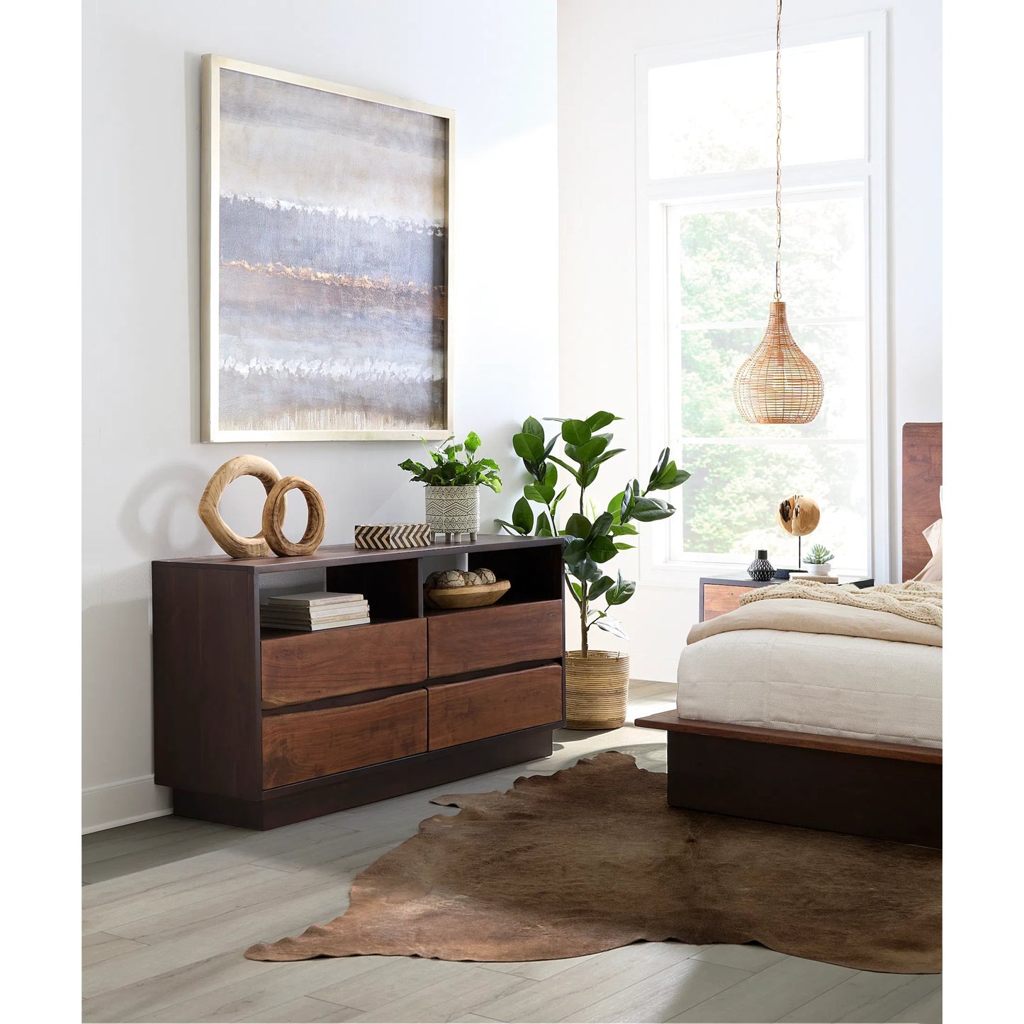007 SR-877077 | Lifestyle | Palermo 64-Inch Live Edge Dresser by World Interiors in brown and raw walnut, ebony. Made from acacia wood, iron in a modern style.