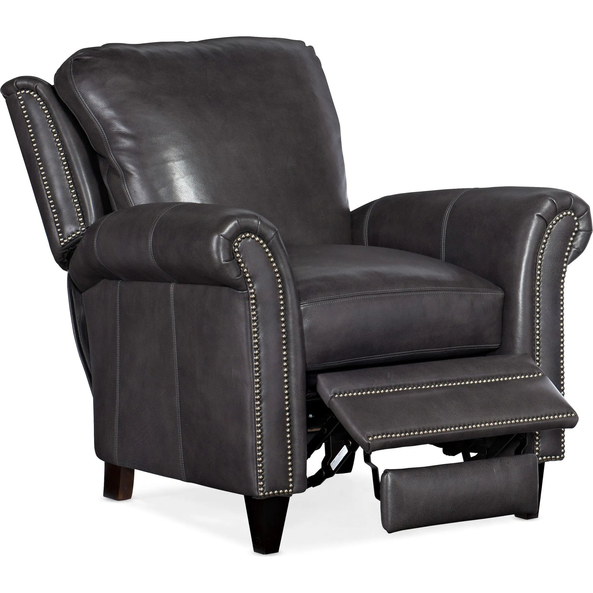 Richardson High Leg Reclining Lounger by Bradington-Young by Hooker Furniture in charcoal and plantation. Made from leather in a unique style.