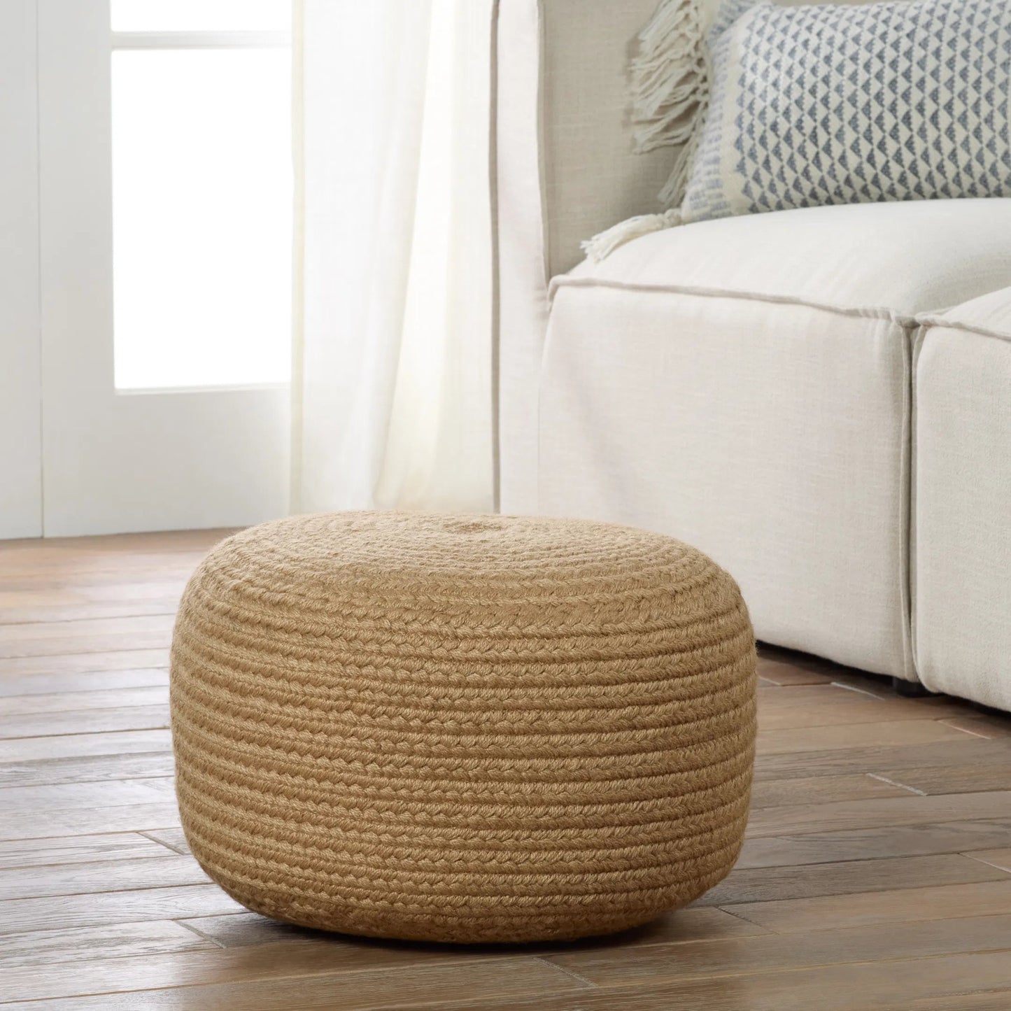 025 SR-908397 | Lifestyle | Saba Solar SAS01 Indoor/Outdoor Pouf by Jaipur Living. Made from 100% polyester in a coastal style.