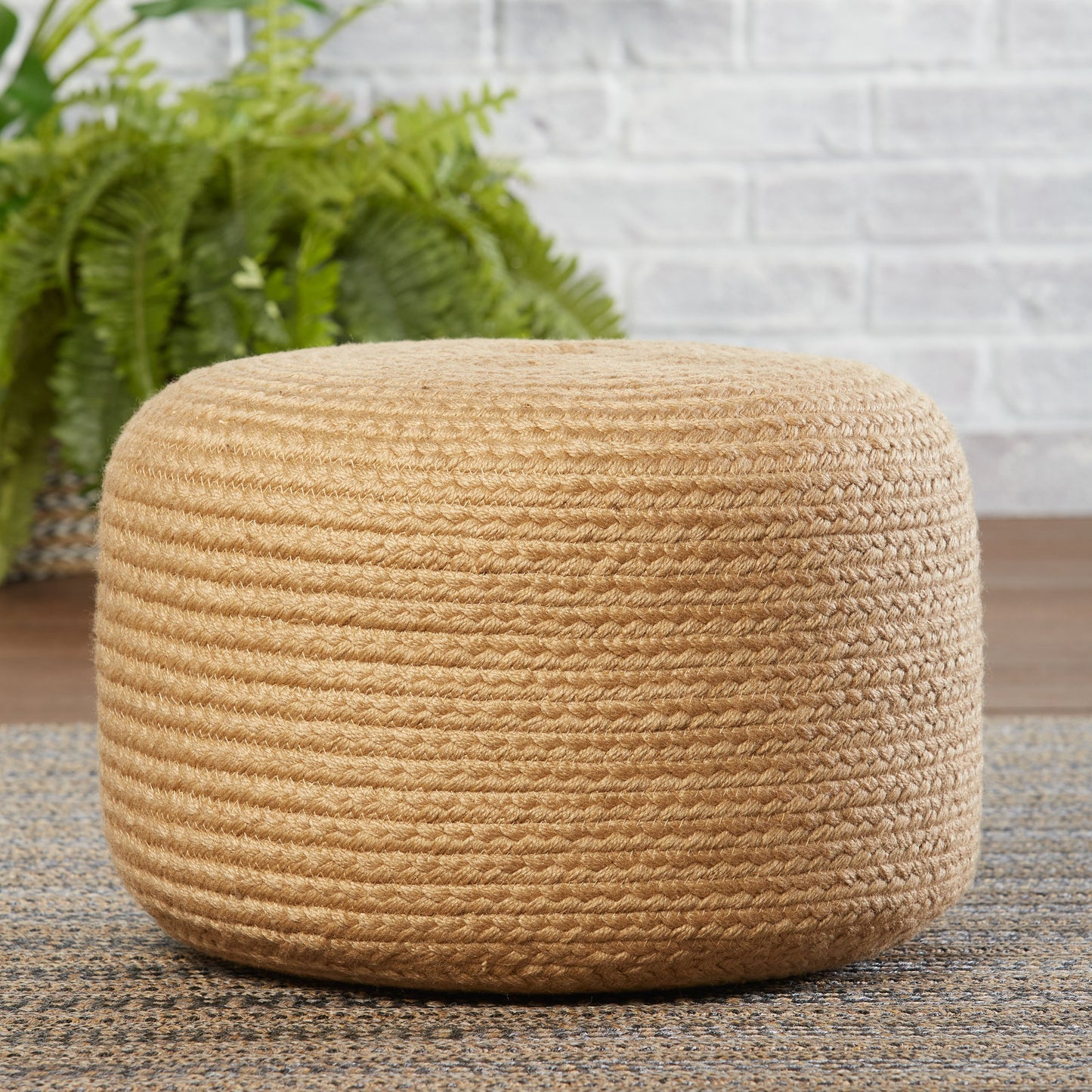 022 SR-908397 | Lifestyle | Saba Solar SAS01 Indoor/Outdoor Pouf by Jaipur Living. Made from 100% polyester in a coastal style.