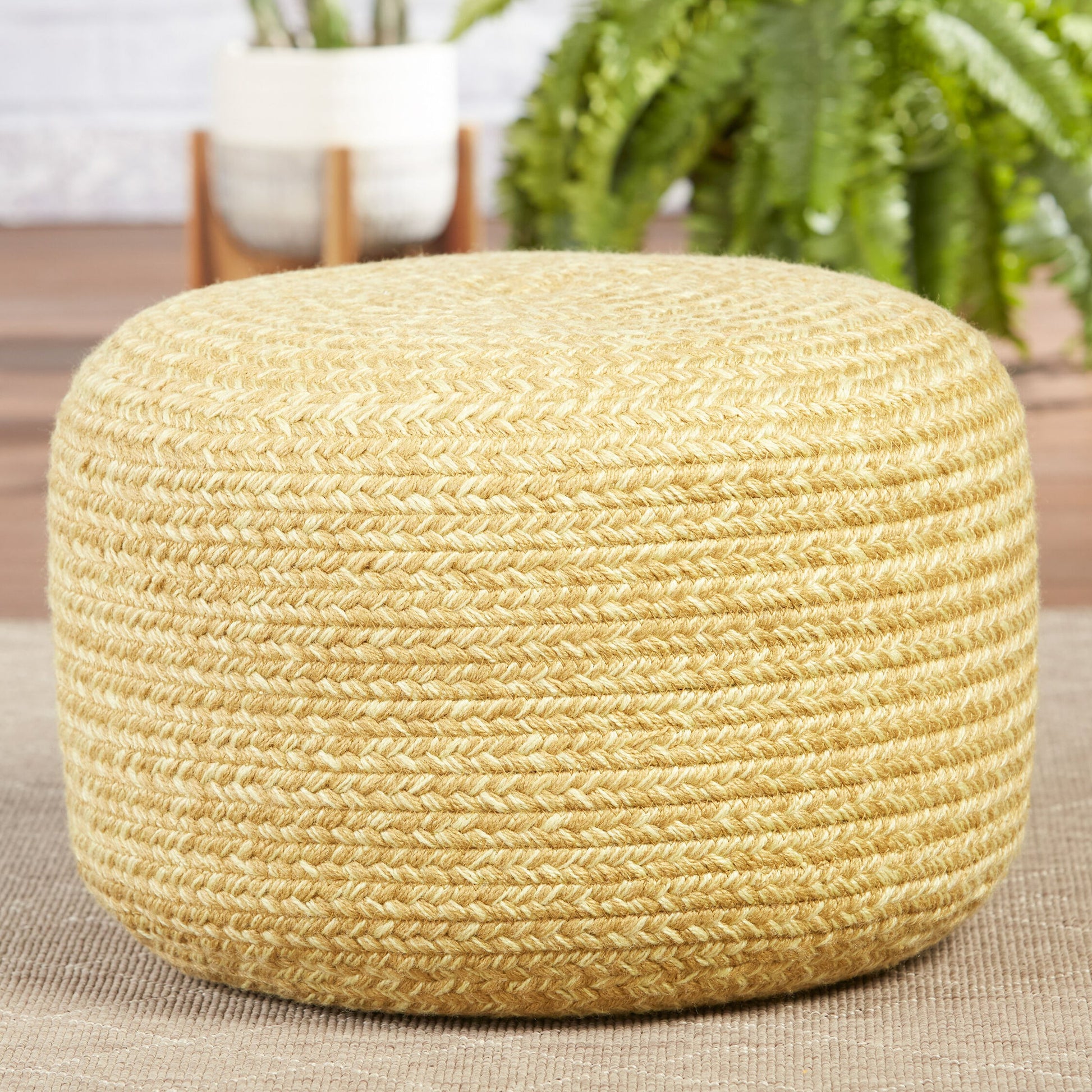 Saba Solar SAS09 Indoor/Outdoor Pouf by Jaipur Living. Made from 100% polyester in a cottage & farmhouse style.