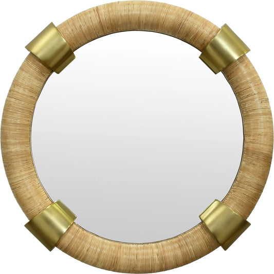 Saylor Round Wrapped Rattan Mirror by Worlds Away in natural, brass. Made from rattan in a transitional style.
