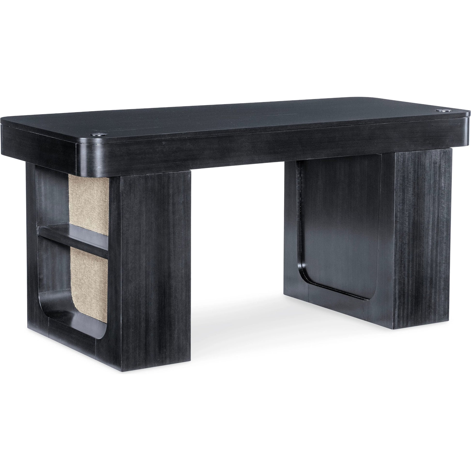 Kenzo Adjustable-Height Desk by Hooker Furniture in black and classic black. wood grain. Made from eucalyptus veneers, raffia in a unique style.