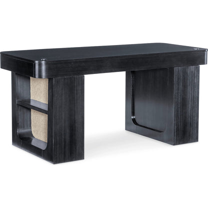 Kenzo Adjustable-Height Desk by Hooker Furniture in black and classic black. wood grain. Made from eucalyptus veneers, raffia in a unique style.