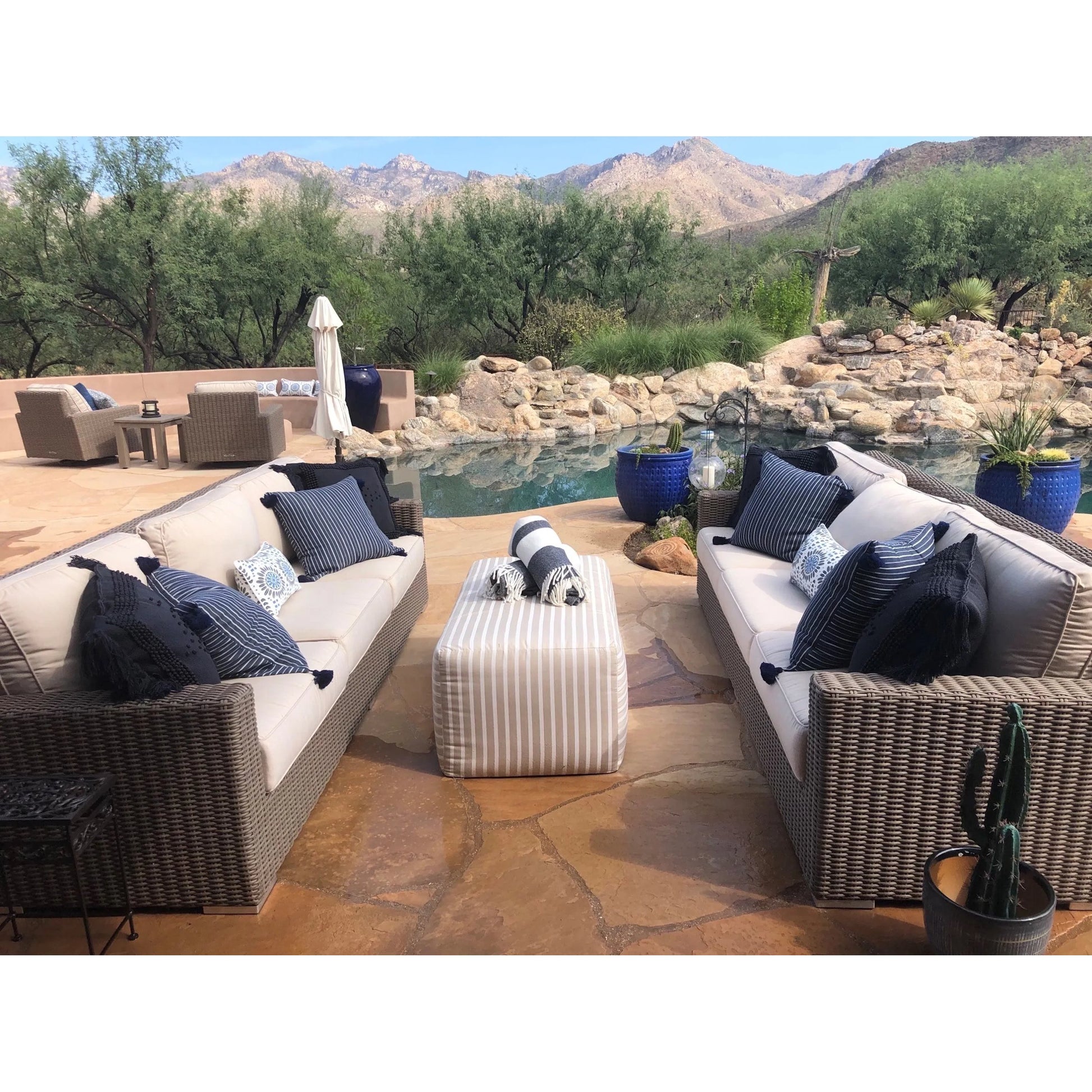 Coronado Outdoor Sofa in Canvas Flax by Sunset West in driftwood. Made from resin wicker in a modern style.