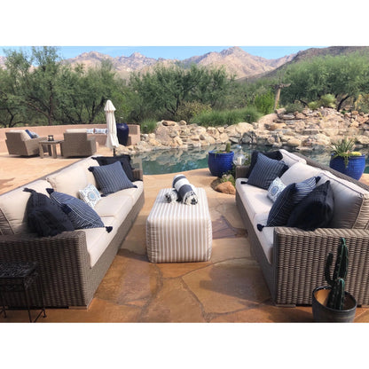 Coronado Outdoor Sofa in Canvas Flax by Sunset West in driftwood. Made from resin wicker in a modern style.