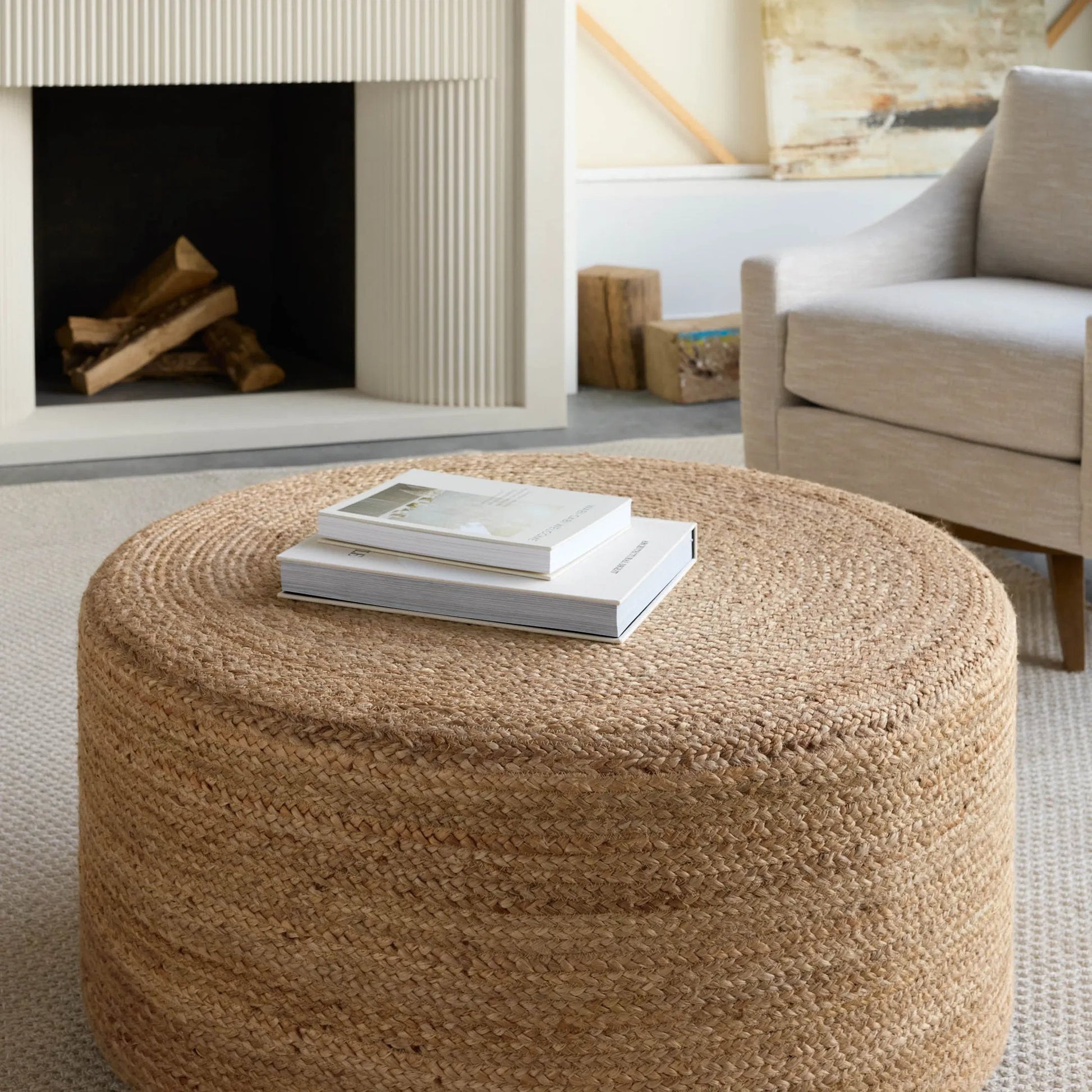 Saba Stool SBT02 Pouf by Jaipur Living in tan. Made from 100% jute fiber in a rustic style.