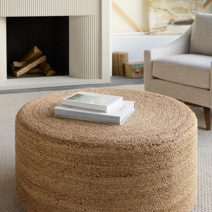 Saba Stool SBT02 Pouf by Jaipur Living in tan. Made from 100% jute fiber in a rustic style.
